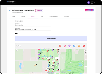 Interactive festival venue map with tagged stages, vendors, and amenities