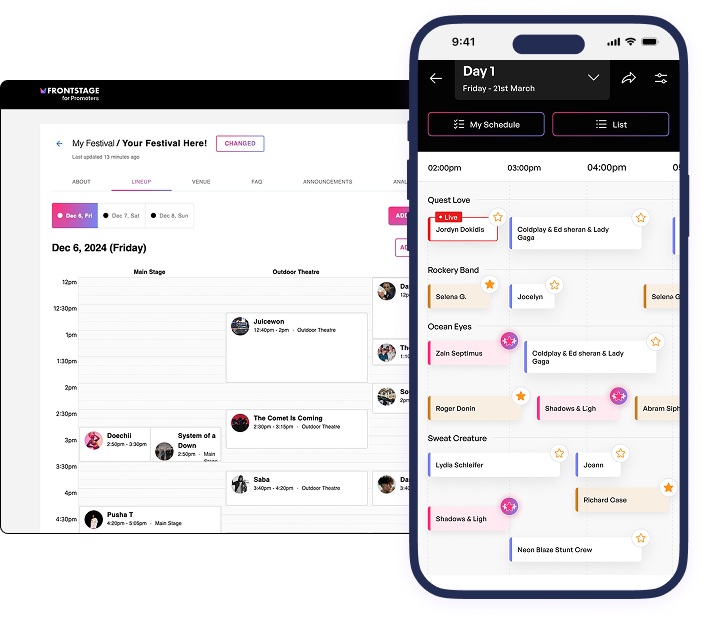 Frontstage festival management dashboard showing lineup builder and schedule interface
