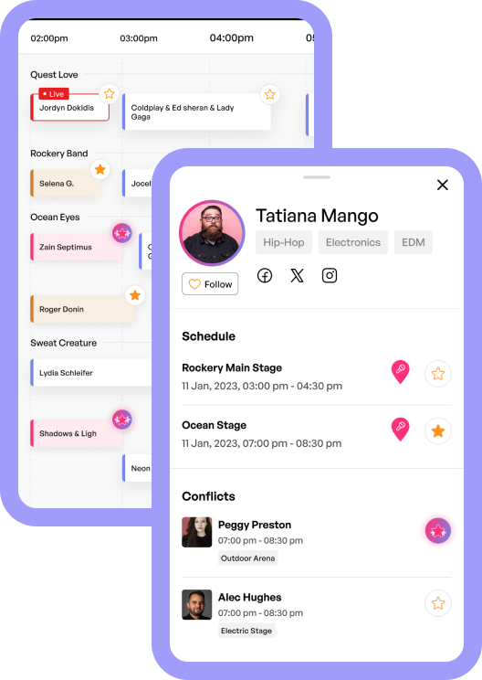 Festival schedule planner showing set times and stages
